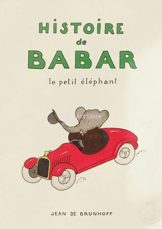 A charming kids room decor poster featuring babar the elephant in a red vintage car for elephant family yoga themes