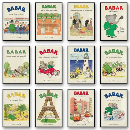 A collection of nine framed babar children’s book posters with colorful elephant family illustrations for kids room decor