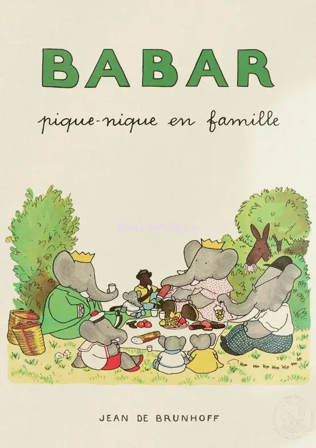 Cover of babar pique-nique en famille showing colorful elephant family picnic illustration for kids room decor