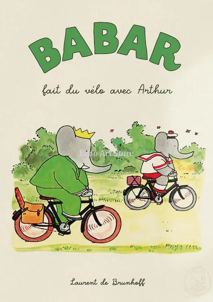 Decorbites™ elephant family yoga poster for kids room featuring green cartoon elephant with crown riding bicycle