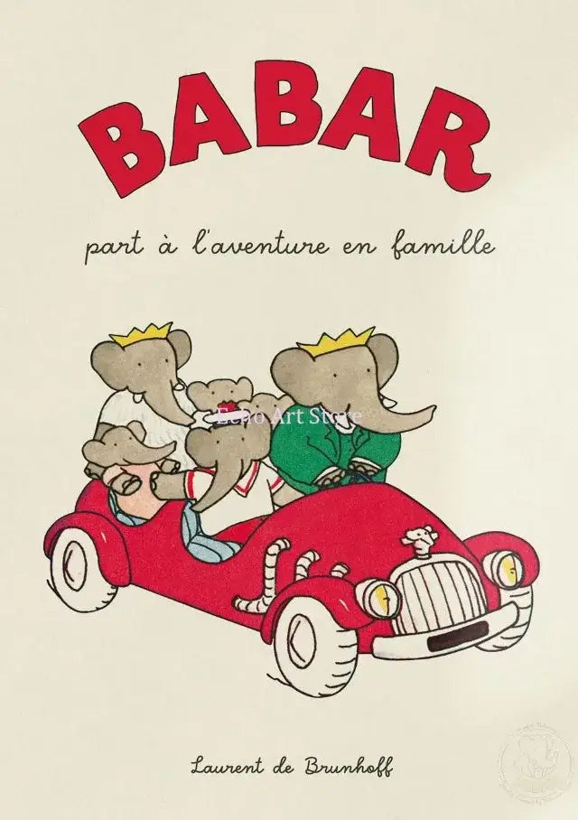 Red vintage-style car carrying four cartoon elephants in green and red outfits in elephant family yoga kids room poster