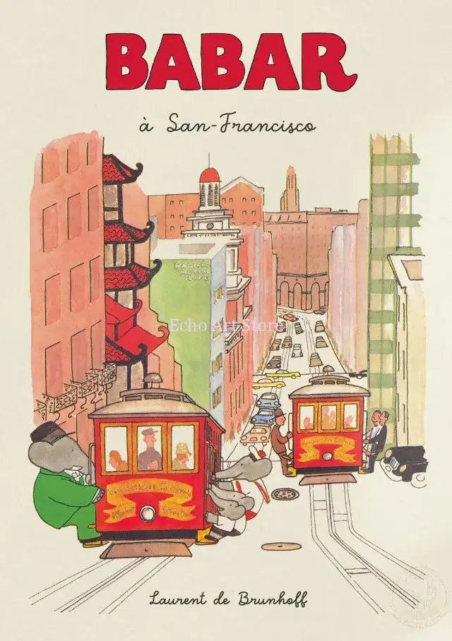 Decorbites™ elephant family yoga poster for kids room featuring a red and yellow cable car with city backdrop