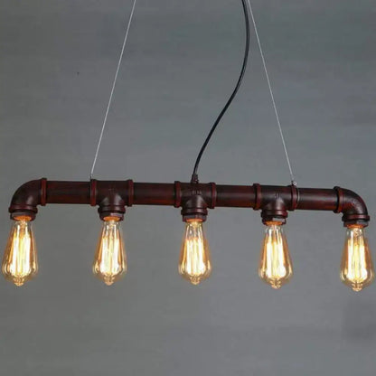 Industrial-style elongated pipe island pendant light made of dark brown metal pipes with five exposed edison bulbs