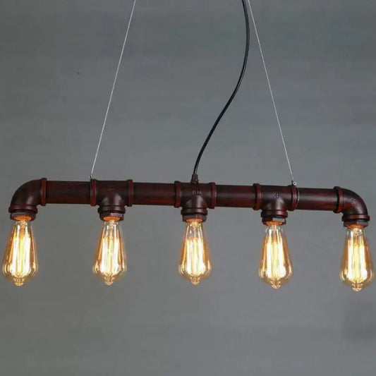 Industrial-style elongated pipe island pendant light made of dark brown metal pipes with five exposed edison bulbs