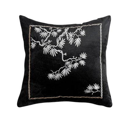 Black velvet decorbites embroidered black cushion cover with silver bamboo embroidery and gold chain stitch border