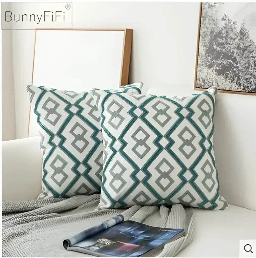 Green and gray geometric patterned throw pillow with decorbites embroidered blue cotton cushion cover for living room use