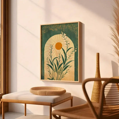 A framed emerald green lily of the valley wall art print with stylized sunburst and cream plants in a light wood frame