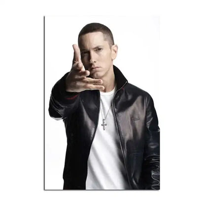 Decorbites™ eminem canvas wall art featuring a black leather jacket with subtle logo and red trim for home decor