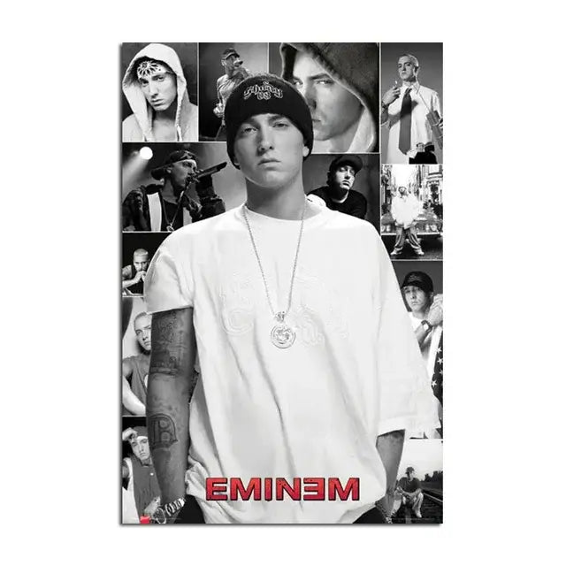 Black and white collage eminem poster with red eminem text at bottom perfect for music star wall art decor