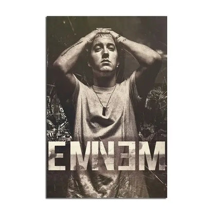 Black-and-white wall art poster of Eminem with hands on head wearing t-shirt and necklace for music star wall decor