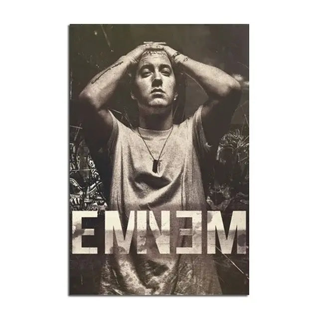 Black-and-white wall art poster of Eminem with hands on head wearing t-shirt and necklace for music star wall decor