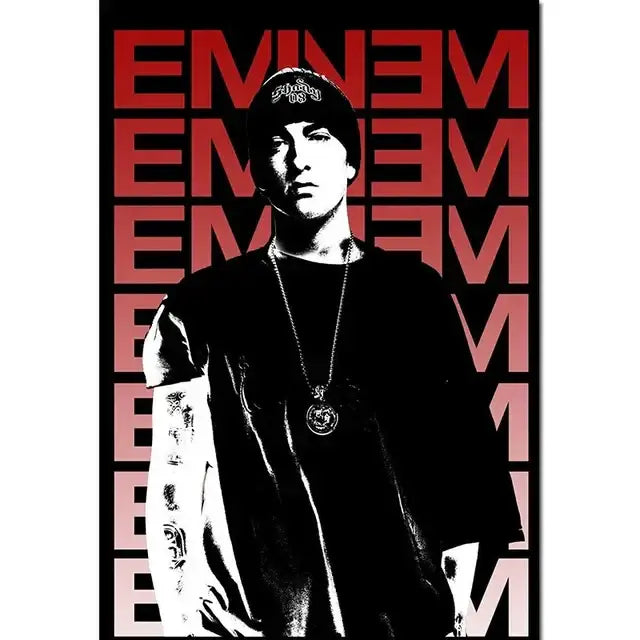 Black and red graphic wall art poster of music star eminem in beanie with repeated eminem text for music star wall decor
