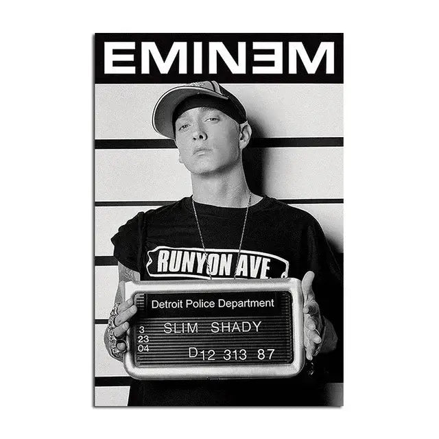 Black and white Eminem mugshot poster holding Detroit police sign Slim Shady for music star wall art DecorBites
