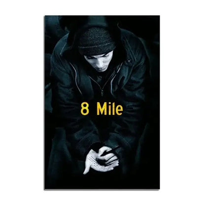 Dark poster wall art featuring a music star in a beanie with yellow 8 mile text for music star wall decor
