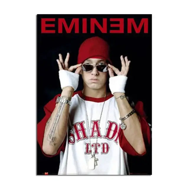 DecorBites™ eminem posters featuring music star wall art with eminem wearing a red beanie for stylish decor