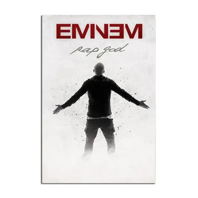DecorBites Eminem posters wall art featuring red rap god album cover with black silhouette music star on white background