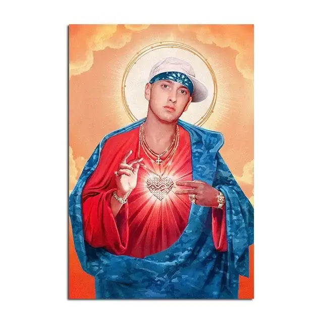 A vibrant DecorBites™ Eminem music star wall art poster featuring a stylized religious portrait in blue and red robes