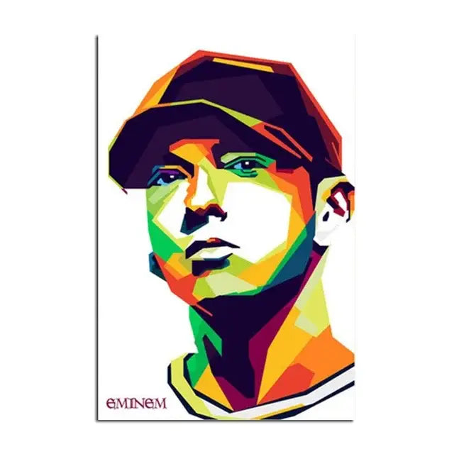 Vibrant pop art Eminem music star wall art poster with bold geometric blocks of orange green yellow purple and black