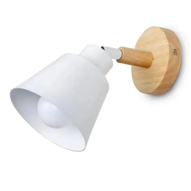 White matte-finished metal eryka wall sconce with natural wood mount and adjustable arm for modern decor
