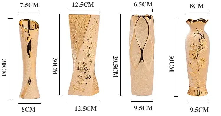 Four gold-plated ceramic vases with floral and abstract patterns for elegant home decor by DecorBites Europe