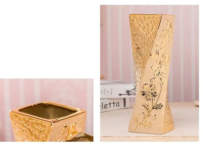 Decorbites europe gold-plated ceramic vase in gold with intricate floral embossing and glittery finish for home decor