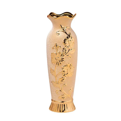 DecorBites Europe gold-plated ceramic vase with frosted peach body and floral patterns for elegant home decor