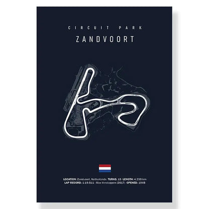 Dark blue DecorBites™ F1 circuit canvas painting featuring zandvoort line art for living room decor