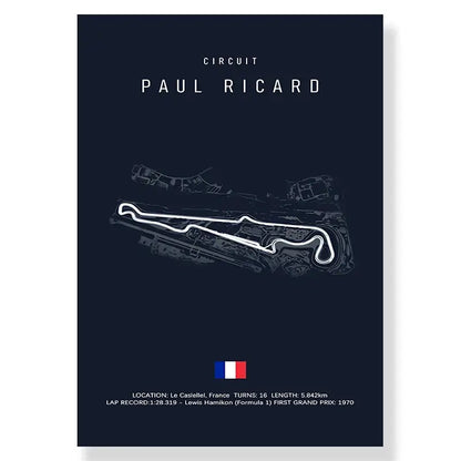 Dark blue decorbites™ f1 circuit canvas painting featuring white paul ricard race track line art for living room decor