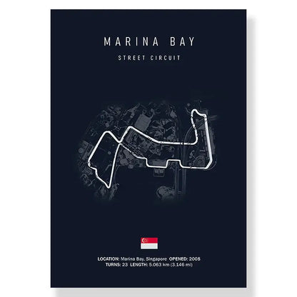 Dark navy decorbites™ f1 circuit canvas painting featuring white line drawing of marina bay street circuit for living room decor