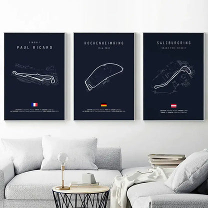 Three framed navy circuit canvas paintings with white line drawings and national flags for living room decor