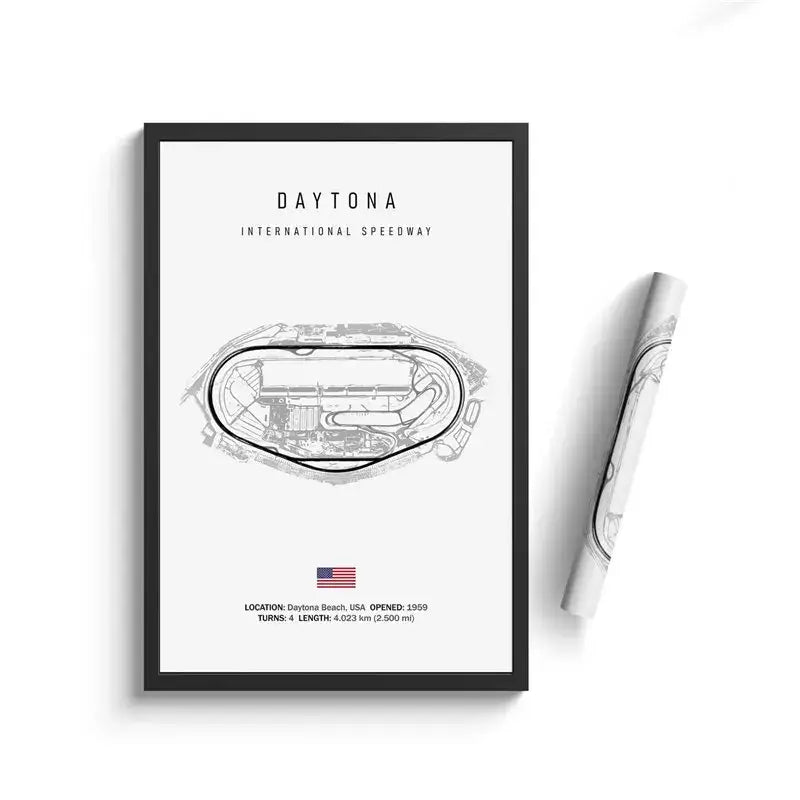 Black-framed DecorBites™ F1 circuit canvas painting featuring minimalist gray line Daytona International Speedway wall art