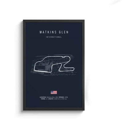 Black-framed decorbites f1 circuit canvas painting with white watkins glen line drawing on dark navy wall art