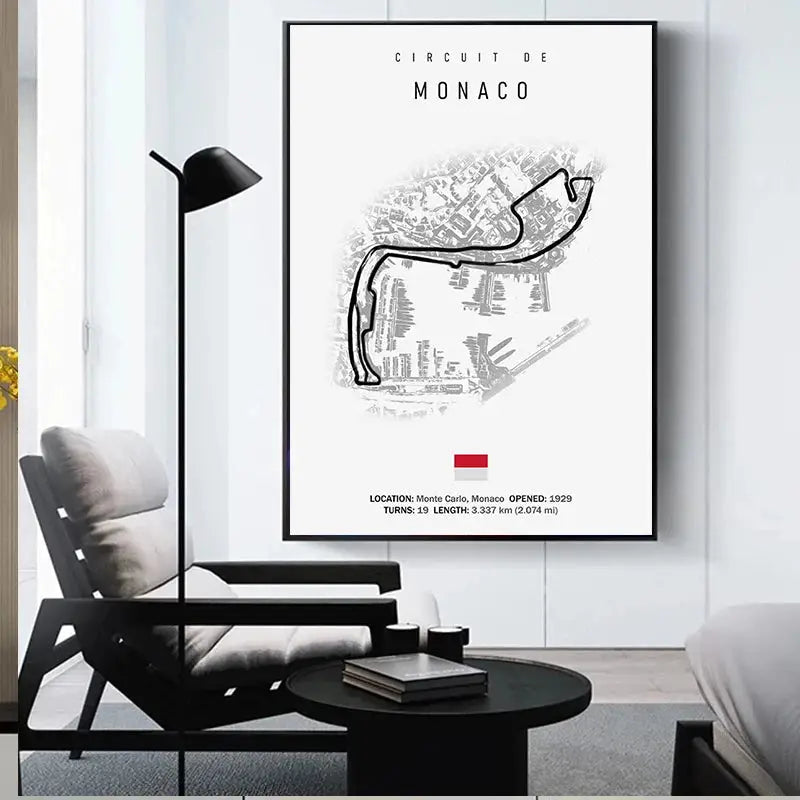 Black-framed decorbites™ f1 circuit canvas painting with minimalist monaco race track line drawing and red flag wall art