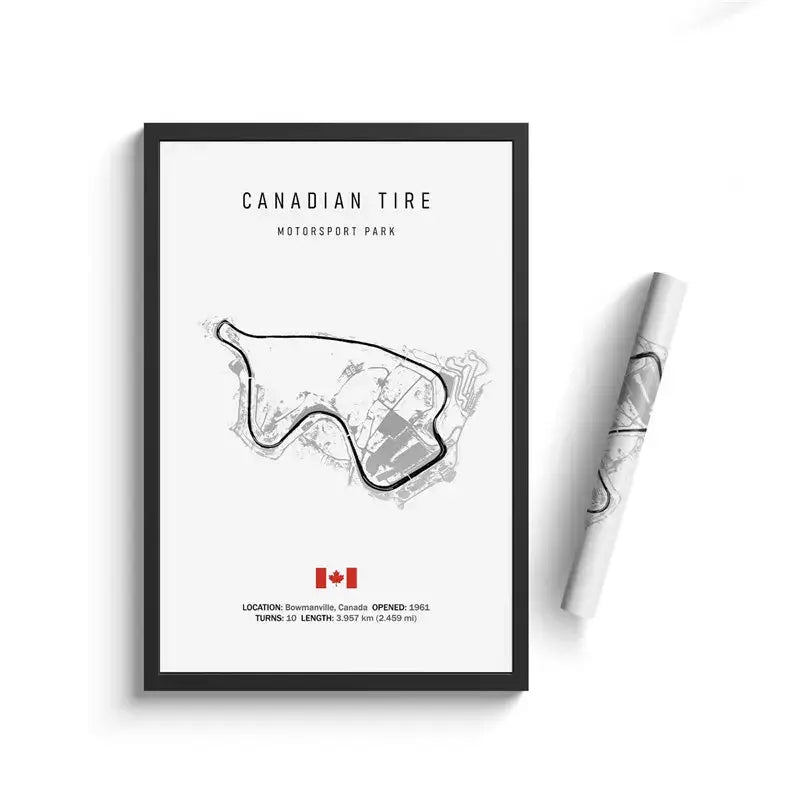 Black-framed canadian tire motorsport park circuit canvas painting on white paper with canadian flag wall art by DecorBites™
