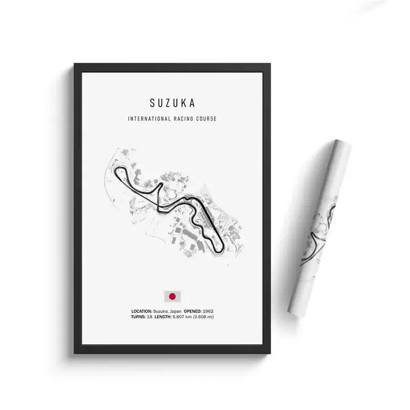 Black-framed minimalist canvas painting of suzuka international racing course with japanese flag wall art by decorbites