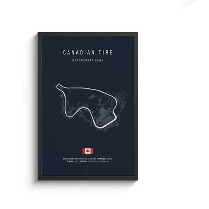 Black-framed circuit canvas painting of canadian tire motorsport park track with navy background and canadian flag wall art