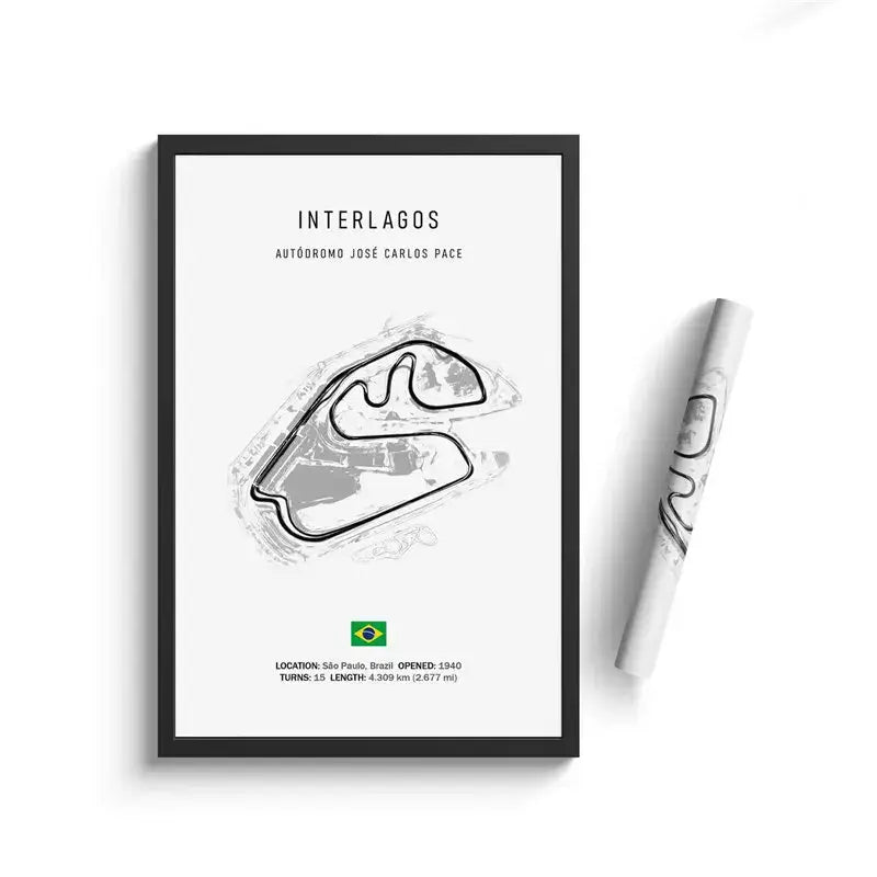 Black-framed DecorBites™ F1 interlagos circuit canvas painting with minimalist grayscale line art and Brazilian flag wall art