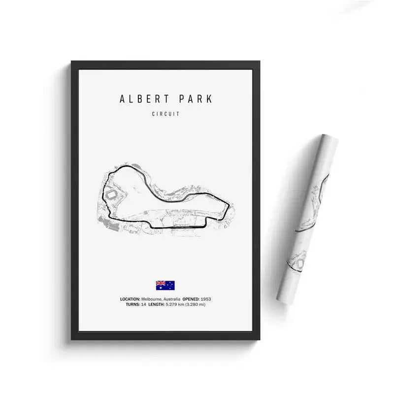 Black-framed decorbites™ f1 circuit canvas painting with monochrome albert park circuit line drawing wall art
