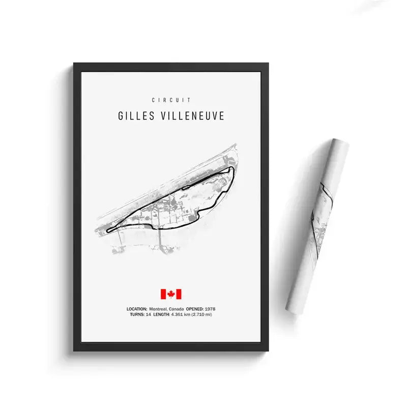 Black-framed circuit canvas painting featuring a minimalist line drawing of the gilles villeneuve circuit wall art