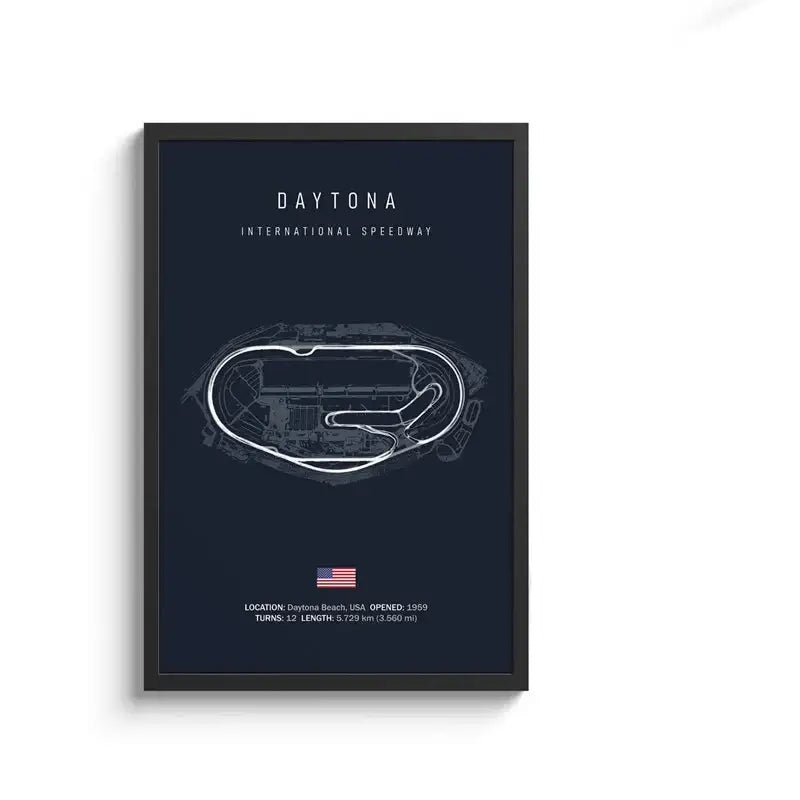 Dark blue framed circuit canvas featuring a white line drawing of daytona international speedway track wall art