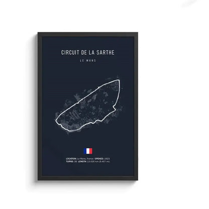 Dark blue framed circuit canvas painting featuring a white line drawing of circuit de la sarthe map and french flag wall art