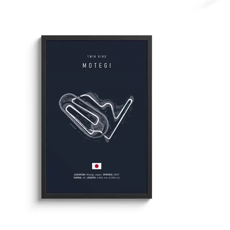Dark blue framed canvas painting featuring white line art of twin ring motegi circuit for motorsport wall art
