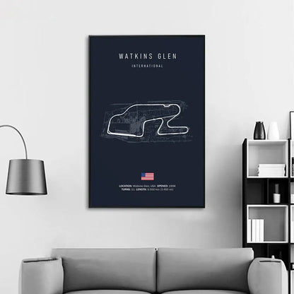 Dark blue framed decorbites f1 circuit canvas painting featuring white line drawing of watkins glen international wall art