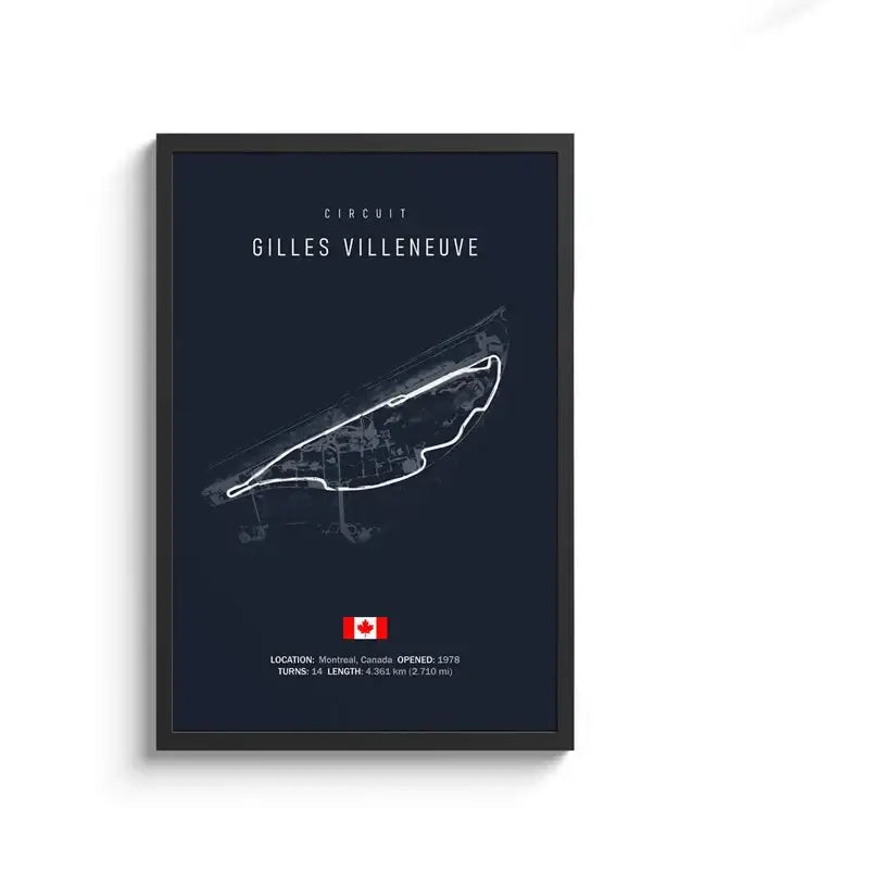 Dark blue framed circuit canvas painting featuring a white line drawing of the Gilles Villeneuve track for motorsport wall art