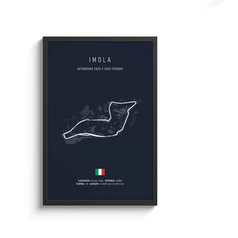 Dark blue framed DecorBites F1 circuit canvas painting featuring a white Imola race track line drawing with Italian flag wall art
