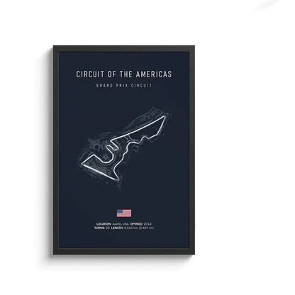 Dark blue framed circuit canvas painting featuring white line drawing of Circuit of the Americas for motorsport wall art