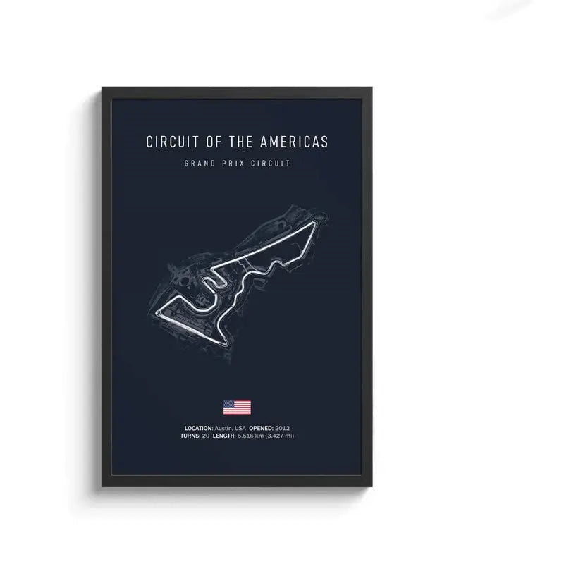 Dark blue framed circuit canvas painting featuring white line drawing of Circuit of the Americas for motorsport wall art