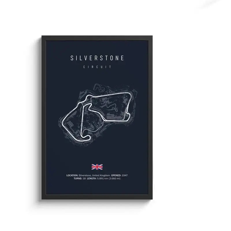 Dark blue framed circuit canvas painting featuring a white silverstone circuit line drawing and union jack flag wall art