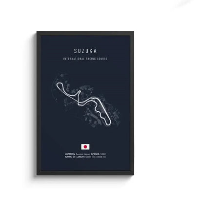 Dark blue framed circuit canvas painting featuring a minimalist white suzuka international racing course for wall art