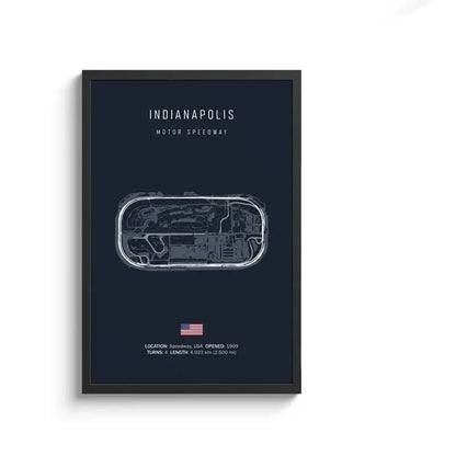 A framed decorbites f1 circuit canvas painting with a minimalist indianapolis motor speedway blueprint on navy wall art